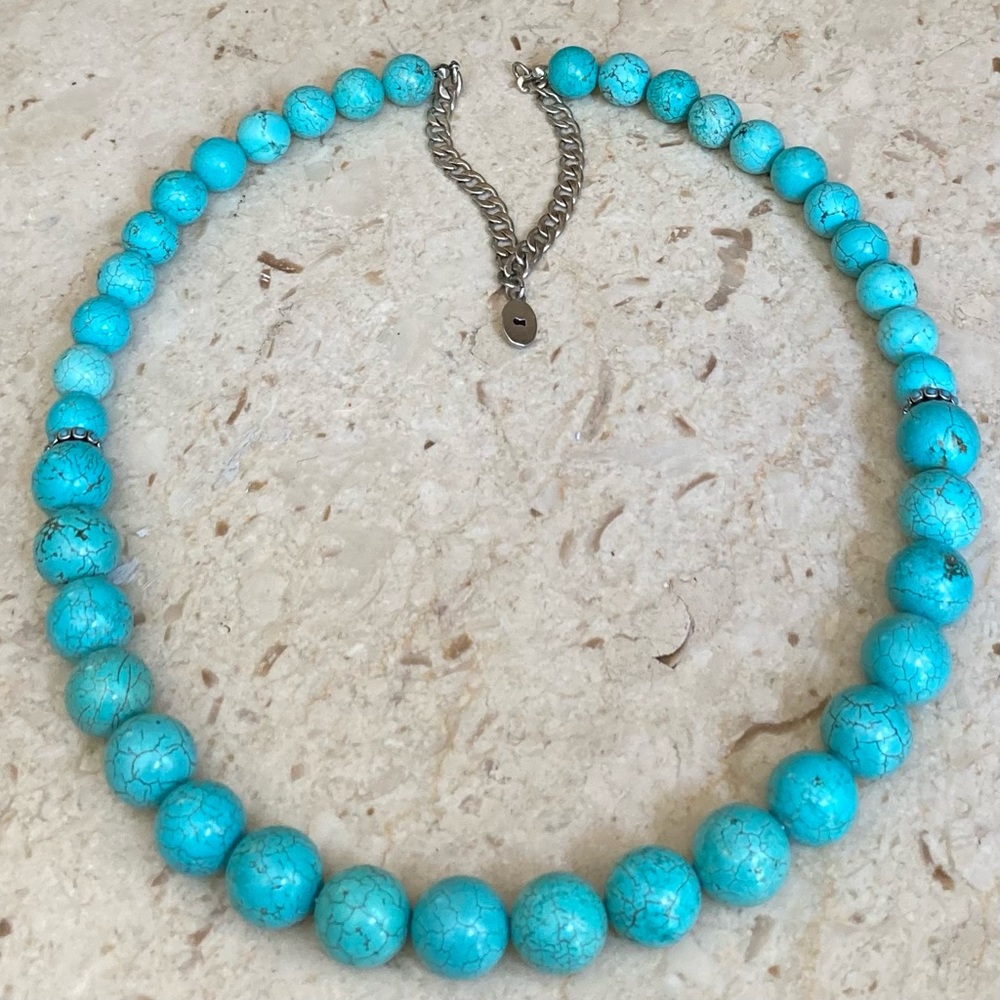 FOSSIL Signed Single Strand, Faux Turquoise Bead Necklace